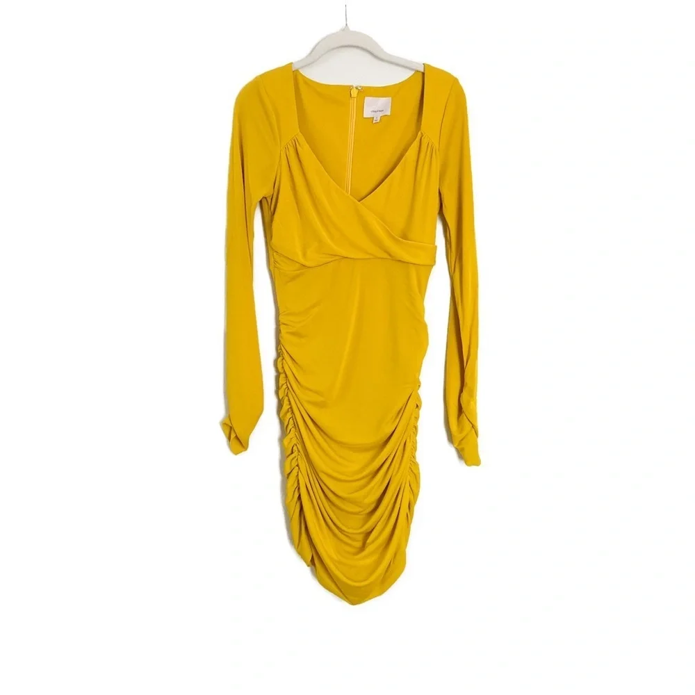 NEW Cinq A Sept Yellow Long Sleeve Ruched V Neck Miah Mini Dress - Picture 4 of 8